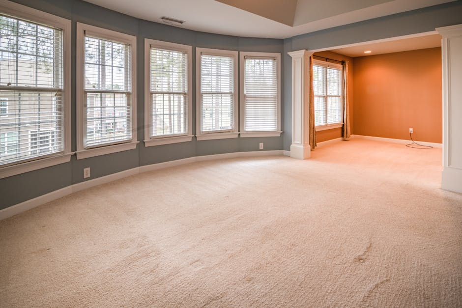 A woman using a vacuum cleaner to deep clean a patterned area rug in a living room. She is wearing casual clothing including a beige jacket, jeans, and white shoes. The vacuum cleaner is yellow with a